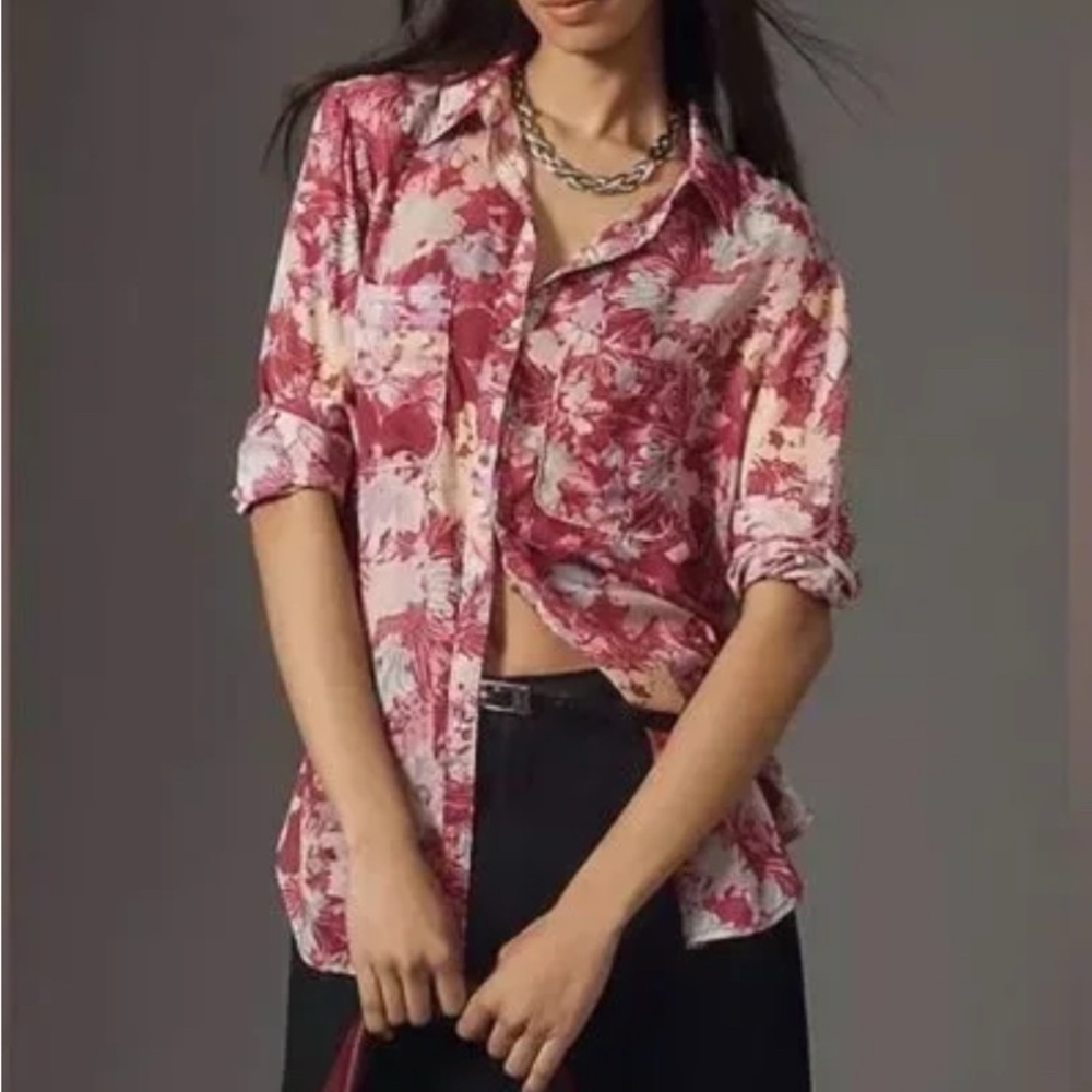 PILCRO Romy Relaxed Buttondown Shirt XS Pink Floral Oversized Anthropologie